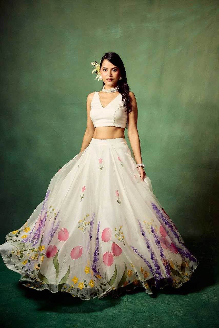 Silk Printed White Lehenga - MYLUXURY LANE ENTERPRISE